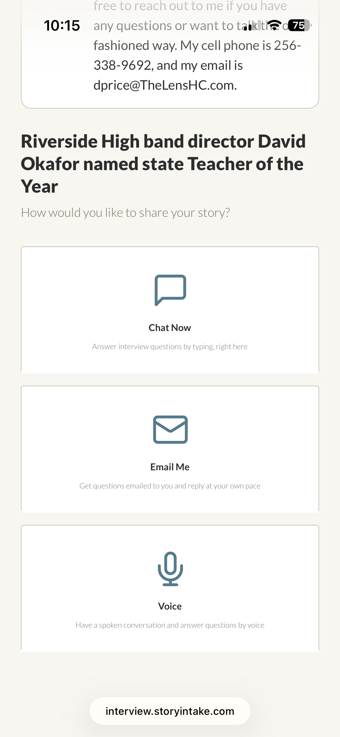 Source-facing interview choice screen on a phone
