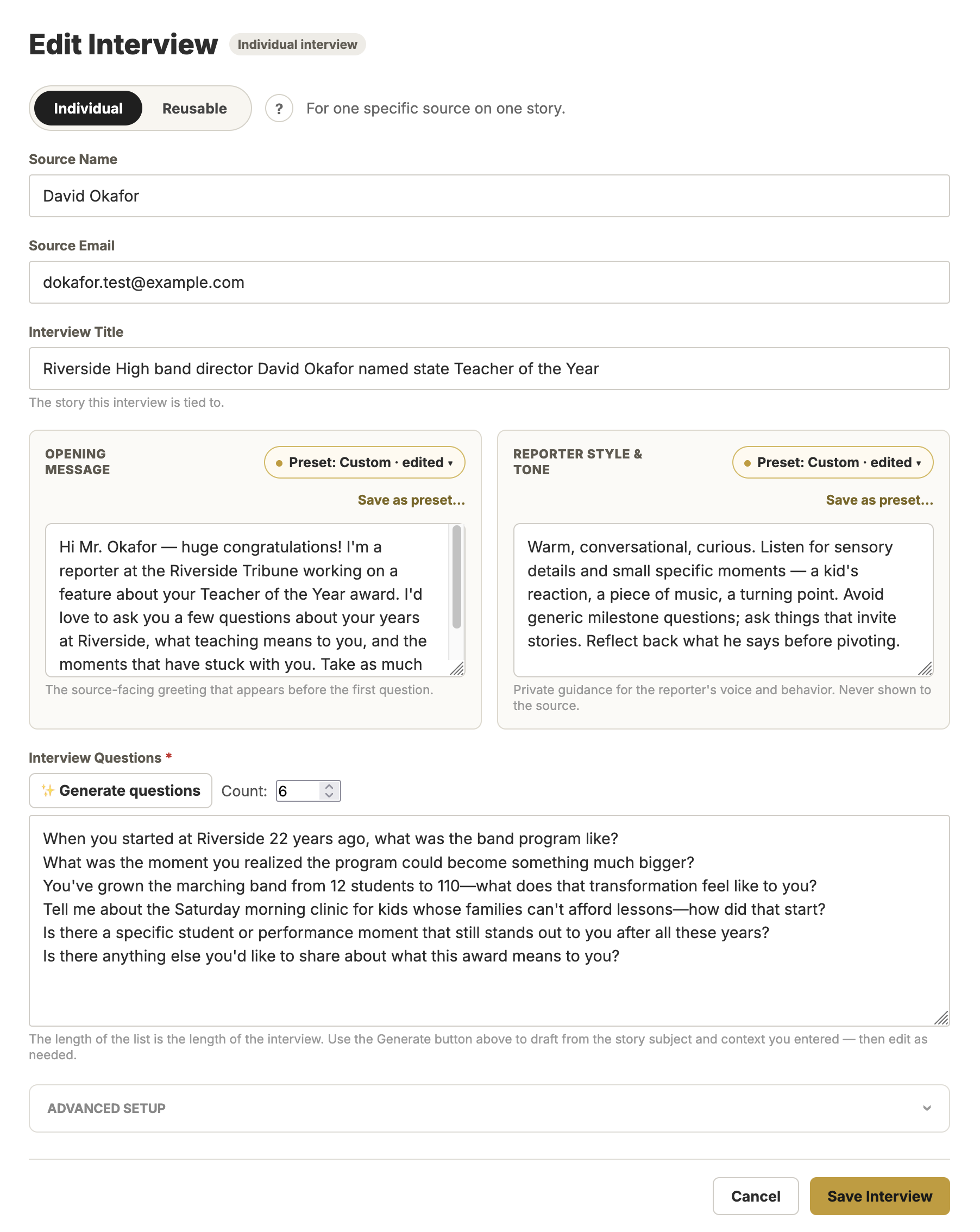 Interview setup screen