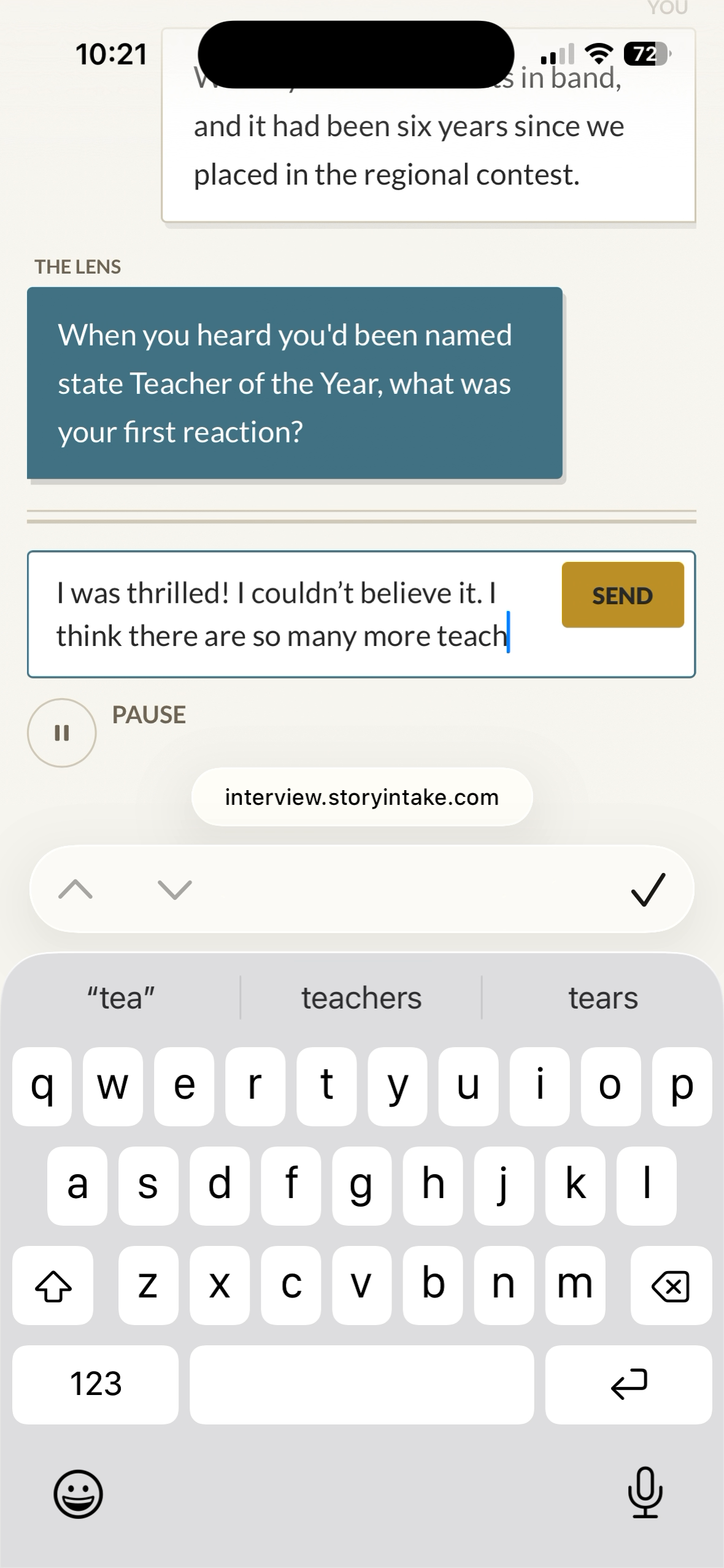 Phone showing a chat interview answer in progress