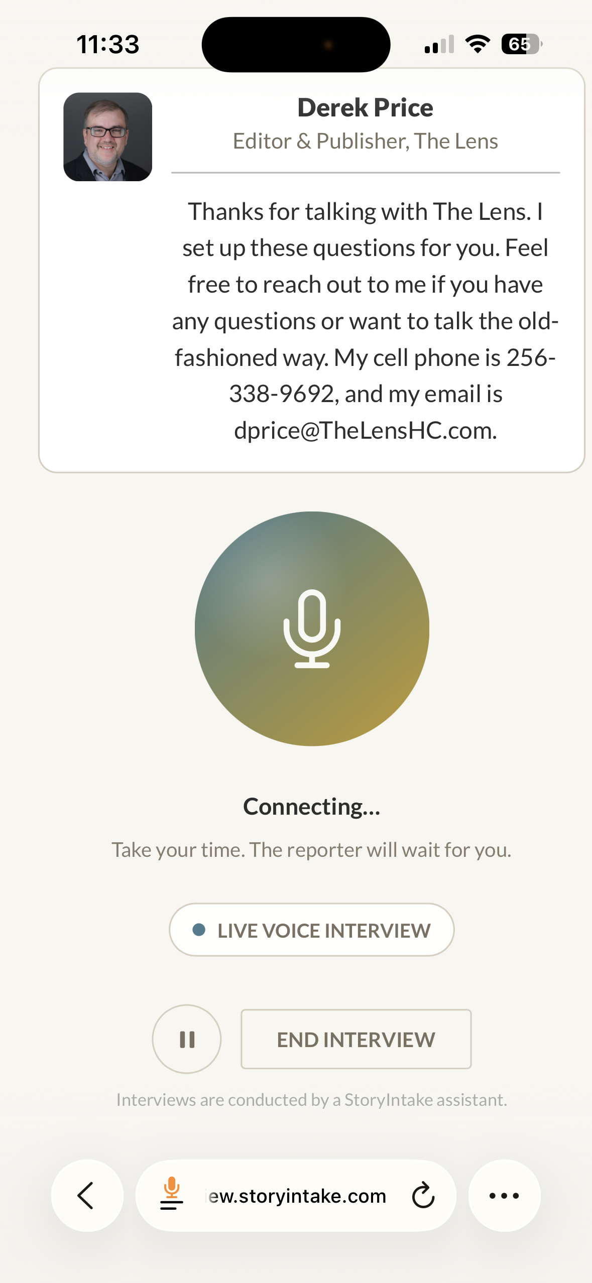 Phone showing a live voice interview